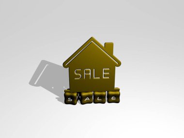 Duvarında ikon olan SALE 'nin 3 boyutlu temsili ve ayna zemininde konsept ve slayt gösterisi sunumu için metalik kübik harflerle düzenlenmiş metin. Resim ve arkaplan