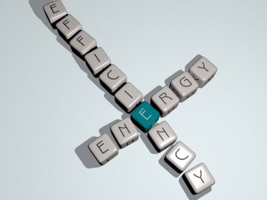 Yeşile dönmenin bulmacaları: Ayna zemininde kübik harflerle düzenlenmiş ENERGY EFFICIENCY, kavram anlamı ve sunum. arkaplan ve resimleme
