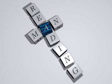 Ayna zemininde kübik harflerle düzenlenmiş Man Okuma bulmacaları, kavram anlamı ve sunum. kitap ve eğitim