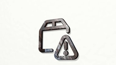 SİPMENT duvarda UYARI. Metalik heykelin beyaz arka planda, yumuşak desenli üç boyutlu çizimi. teslimat ve kargo