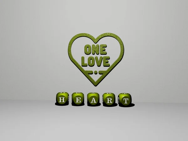 3D graphical image of heart vertically along with text built by metallic cubic letters from the top perspective, excellent for the concept presentation and slideshows. illustration and background