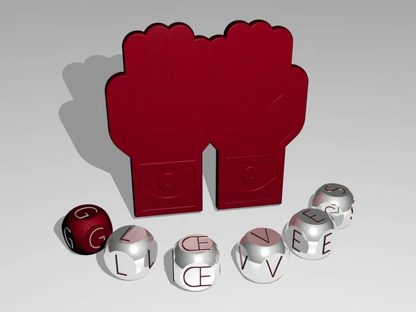 3D illustration of GLOVES graphics and text around the icon made by metallic dice letters for the related meanings of the concept and presentations. background and boxing