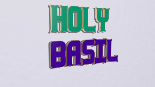 Graphical Image Holy Basil Vertically Text Built Metallic Cubic Letters — Stock Photo, Image