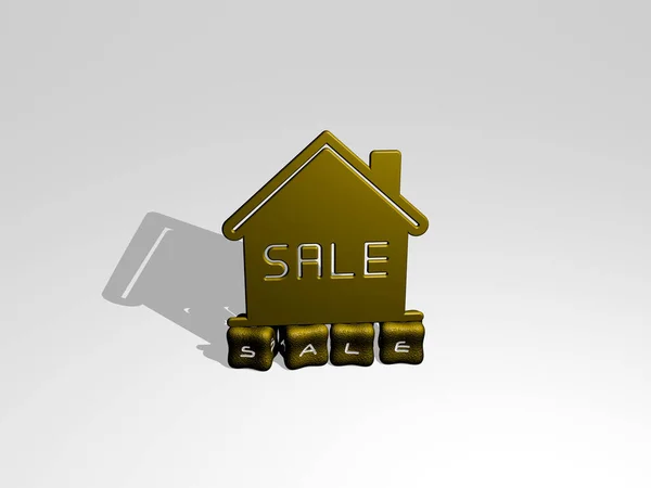 3D representation of SALE with icon on the wall and text arranged by metallic cubic letters on a mirror floor for concept meaning and slideshow presentation. illustration and background