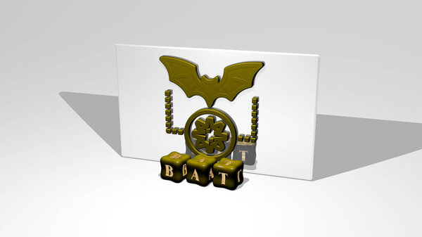 3D представление BAT с иконкой на стене и текстом, упорядоченным металлическими кубическими буквами на зеркальном полу для представления концепции и слайд-шоу. иллюстрации и Хэллоуин