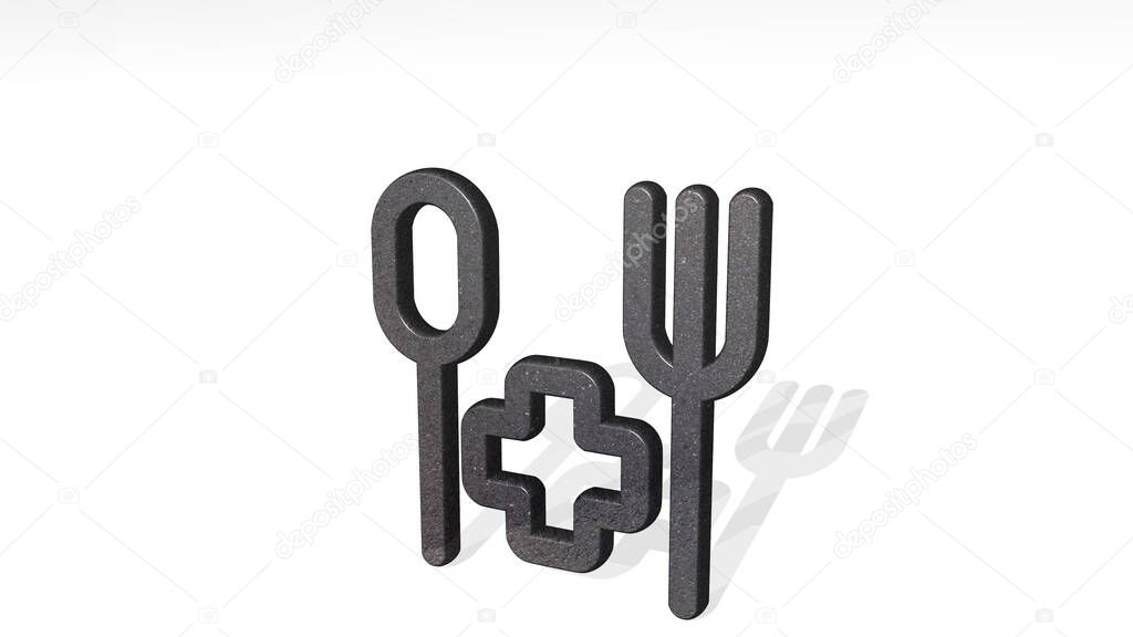 diet health made by 3D illustration of a shiny metallic sculpture casting shadow on light background. food and fresh