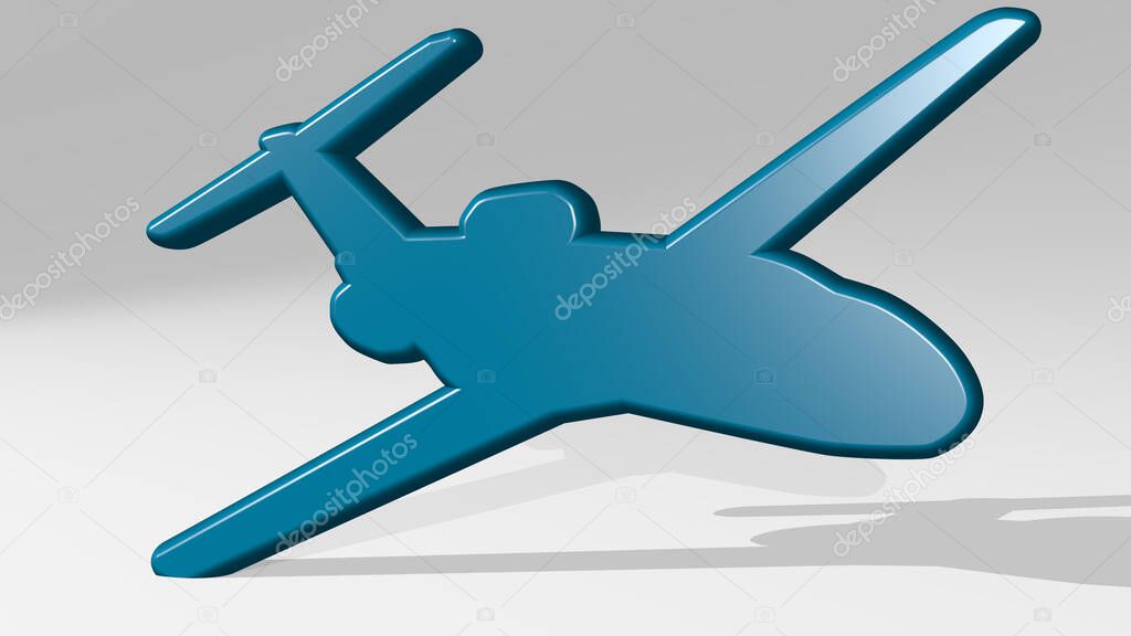 AEROPLANE made by 3D illustration of a shiny metallic sculpture with the shadow on light background. airplane and aircraft