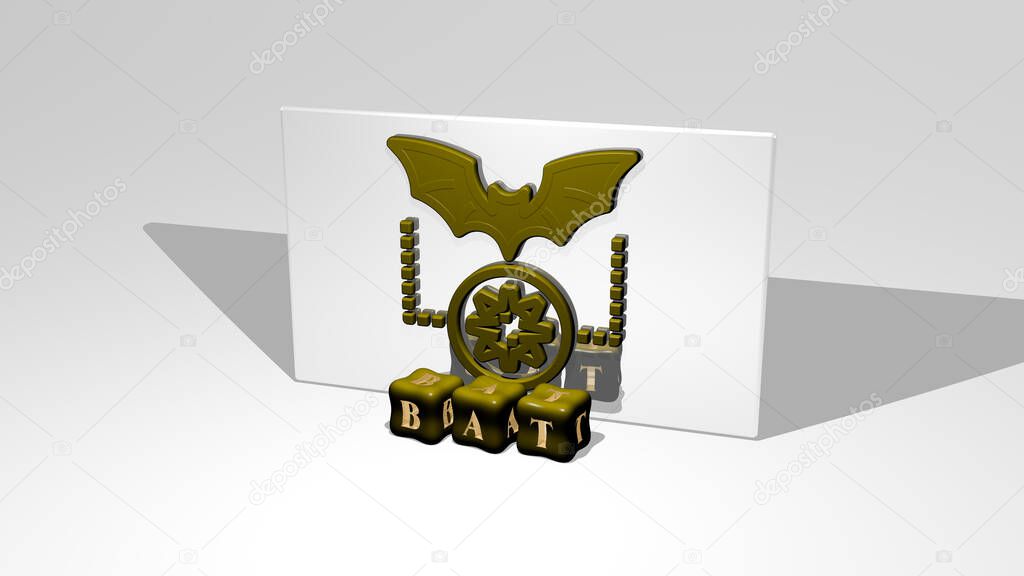 3D representation of bat with icon on the wall and text arranged by metallic cubic letters on a mirror floor for concept meaning and slideshow presentation. illustration and halloween
