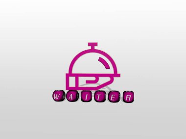 WAITER 'ın duvarında simge ve ayna zemininde metalik kübik harflerle konsept ve slayt gösterisi sunumu için düzenlenmiş üç boyutlu temsili. İllüstrasyon ve çizgi film