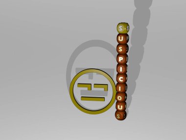 En üst perspektiften metalik kübik harflerle ikonun etrafına inşa edilmiş şüpheli dikey olarak üç boyutlu grafiksel görüntü. Konsept sunumu ve slayt gösterileri için mükemmel.