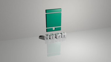 Üst perspektiften metalik kübik harflerle oluşturulan wifi 'nin üç boyutlu grafiksel görüntüsü, konsept sunumu ve slayt gösterileri için mükemmel. Resim ve simge