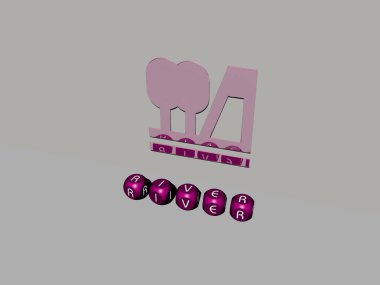 Duvarında ikon olan nehrin 3 boyutlu temsili ve ayna zemininde kavram ve slayt gösterisi sunumu için metalik kübik harflerle düzenlenmiş metin. köprü ve şehir