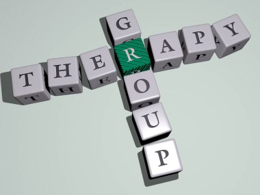 Üst perspektiften gelen kübik harflerle oluşturulan THERAPY GROUP kombinasyonu, konsept sunumu için mükemmel. resimleme ve bakım