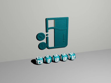 Duvarında ikon olan hapların 3 boyutlu temsili ve kavram ve slayt gösterisi sunumu için ayna zemininde metalik kübik harflerle düzenlenmiş metin. arkaplan ve tıp