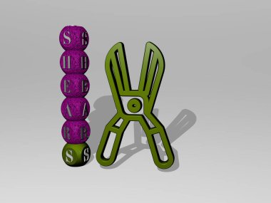 3D graphical image of SHEARS vertically along with text built around the icon by metallic cubic letters from the top perspective. excellent for the concept presentation and slideshows. garden and clipart