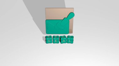 SEAL 'in dikey olarak 3D grafiksel görüntüsü, üst perspektiften metalik kübik harflerle oluşturulan metinlerle birlikte, konsept sunumu ve slayt gösterileri için mükemmel. pul ve resimleme