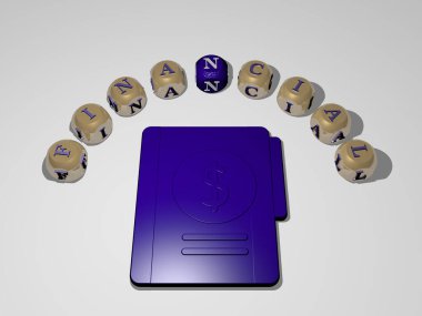 Duvarında ikon olan ve ayna zemininde metalik kübik harflerle konsept ve slayt gösterisi sunumu için düzenlenmiş üç boyutlu finansal temsil. iş ve illüstrasyon