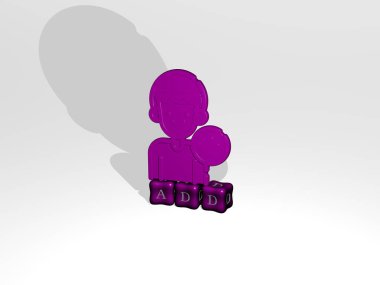 Duvarında ikon ve ayna zemininde metalik kübik harflerle konsept ve slayt gösterisi sunumu için düzenlenmiş eklentinin 3 boyutlu temsili. Resim ve arkaplan