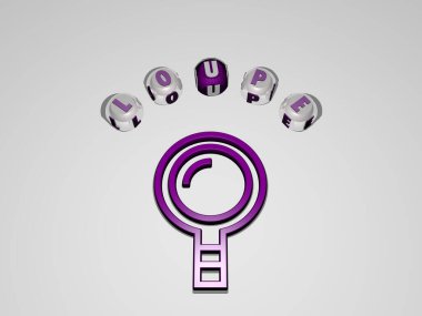 Duvarında ikon olan LOUPE 'nin 3 boyutlu temsili ve ayna zemininde konsept ve slayt gösterisi sunumu için metalik kübik harflerle düzenlenmiş metin. Resim ve cam.