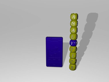 Konsept ve sunumların ilgili anlamları için metalik zar harflerinin oluşturduğu simgenin etrafındaki ANALYTICS grafikleri ve metnin 3D çizimi. iş ve veri