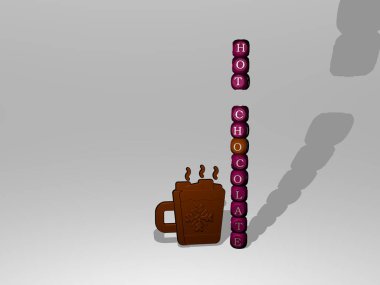 Seksi CHOCOLATE grafiklerinin 3 boyutlu çizimi ve konsept ve sunumların ilgili anlamları için metalik zar harflerinin oluşturduğu simgenin etrafındaki metin. arka plan ve kahve