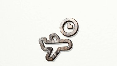 Uçak yolculuğu zamanı, duvardaki bir perspektiften. Üç boyutlu metalik malzemelerden yapılmış kalın bir heykel. uçak ve uçak