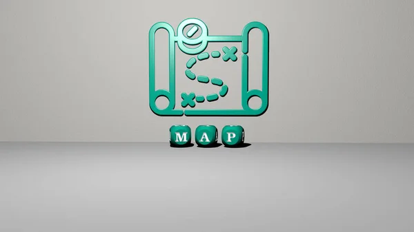 Representação Map Com Ícone Parede Texto Dispostos Por Letras Cúbicas — Fotografia de Stock