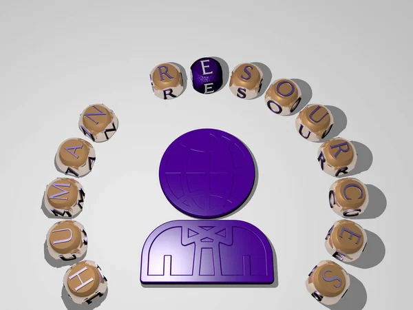 3D illustration of human resources graphics and text around the icon made by metallic dice letters for the related meanings of the concept and presentations. background and business