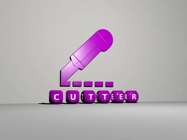 3D graphical image of CUTTER vertically along with text built by metallic cubic letters from the top perspective, excellent for the concept presentation and slideshows. background and cutting