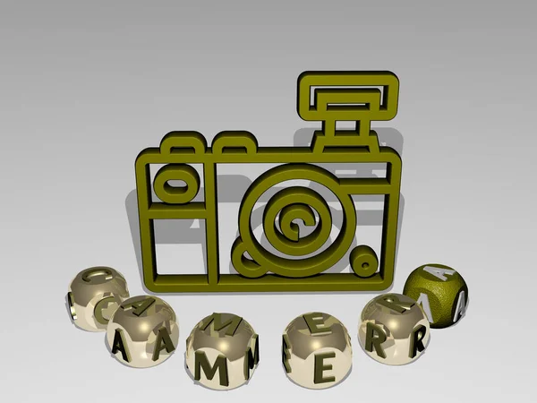 3D representation of camera with icon on the wall and text arranged by metallic cubic letters on a mirror floor for concept meaning and slideshow presentation. background and beautiful