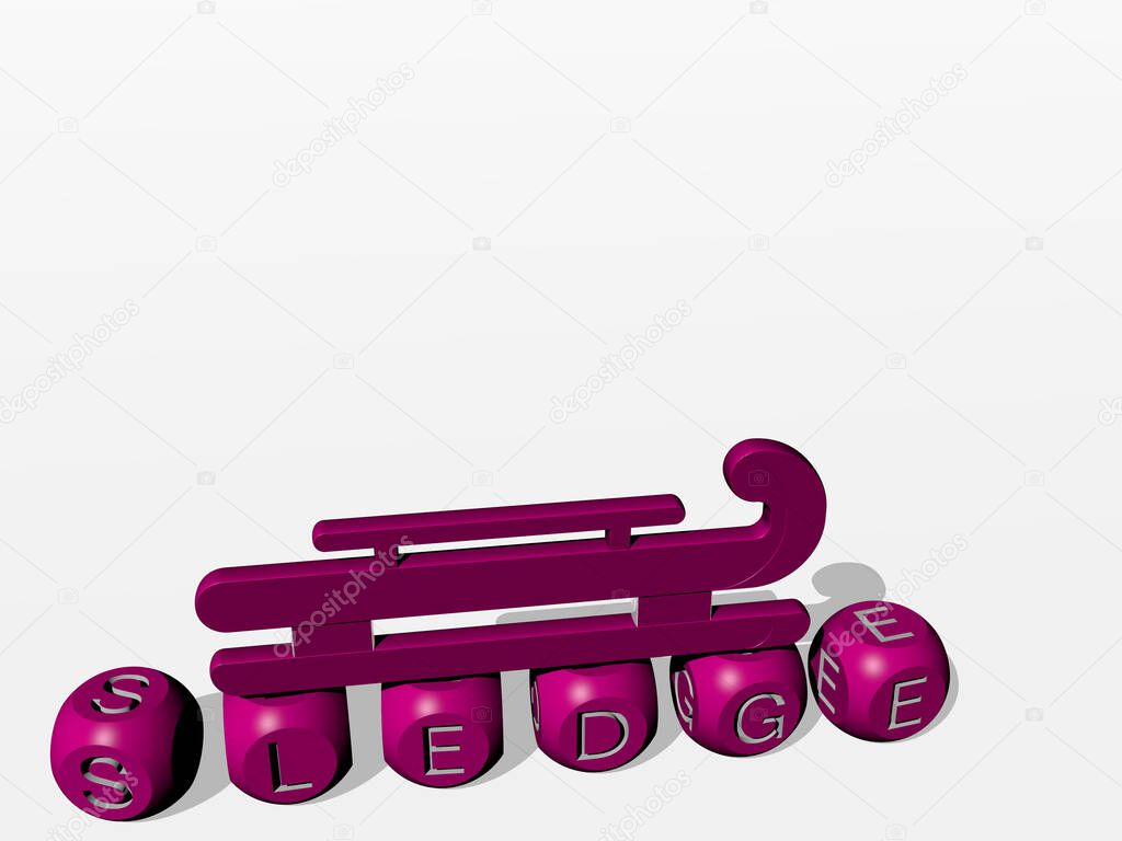 3D illustration of sledge graphics and text made by metallic dice letters for the related meanings of the concept and presentations. winter and christmas