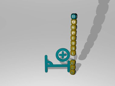 Hastane yatağının üç boyutlu grafiksel görüntüsü ve üst perspektiften metalik kübik harflerle simgenin etrafına inşa edilen yazı. Konsept sunum ve slayt gösterileri için mükemmel. Doktor