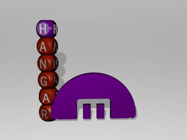 Konsept ve sunumların ilgili anlamları için metalik zar harflerinin oluşturduğu simgenin etrafında 3D hangar grafikleri ve metin çizimi. arkaplan ve uçak
