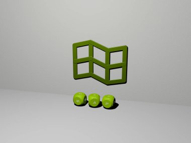 MAP 'nin dikey olarak 3D grafik resmi ve üst perspektiften metalik kübik harflerle oluşturulan metin, konsept sunum ve slayt gösterileri için mükemmel. Resim ve arkaplan