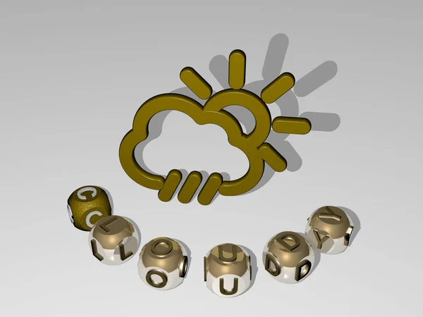 3D illustration of CLOUDY graphics and text around the icon made by metallic dice letters for the related meanings of the concept and presentations. sky and blue