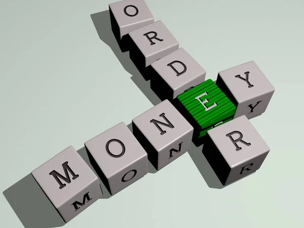 crosswords of MONEY ORDER arranged by cubic letters on a mirror floor, concept meaning and presentation. illustration and business