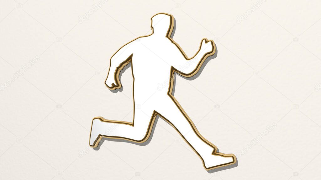 athletic man on the wall. 3D illustration of metallic sculpture over a white background with mild texture. athlete and active