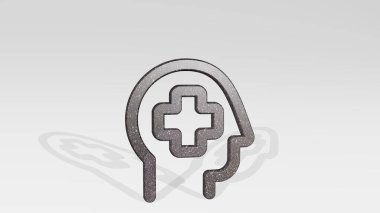 insurance head casting shadow with two lights. 3D illustration of metallic sculpture over a white background with mild texture. concept and business clipart