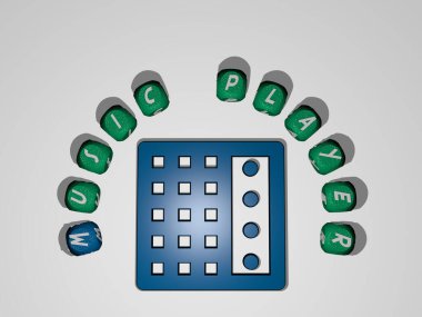 Konsept ve sunumların ilgili anlamları için metalik zar harflerinin oluşturduğu simge etrafında müzik çalar grafikleri ve metnin üç boyutlu çizimi. arkaplan ve tasarım