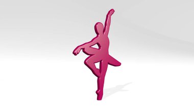 Dansçı gölgede kalır. Metalik heykelin beyaz arka planda, yumuşak desenli üç boyutlu çizimi. Dans ve güzellik