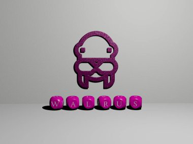WALRUS 'un dikey olarak 3D grafik resmi ve üst perspektiften metalik kübik harflerle yapılmış metin, konsept sunumu ve slayt gösterileri için mükemmel. Resim ve hayvan