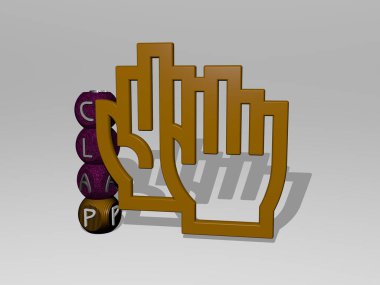 Konsept ve sunumların ilgili anlamları için metalik zar harflerinin oluşturduğu simge etrafında CLAP grafikleri ve metnin üç boyutlu çizimi. arkaplan ve eller