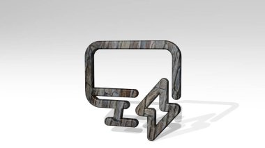 Monitör Flash perspektiften gölge düşürüyor. Üç boyutlu metalik malzemelerden yapılmış kalın bir heykel. Resim ve bilgisayar