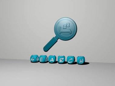 SEARCH 'ın duvarında simge ve ayna zemininde metalik kübik harflerle konsept ve slayt gösterisi sunumu için düzenlenmiş üç boyutlu temsili. resimleme ve iş