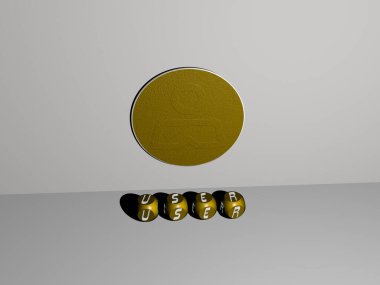 3 boyutlu USER tasviri, duvarında simge ve ayna zemininde metalik kübik harflerle konsept ve slayt gösterisi sunumu için düzenlenmiş metin. Resim ve arayüz