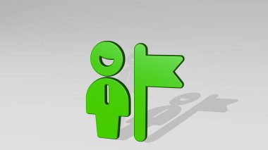 Bekar bayrağı gölgeli duruyor. Metalik heykelin beyaz arka planda, yumuşak desenli üç boyutlu çizimi. simge ve izole edilmiş