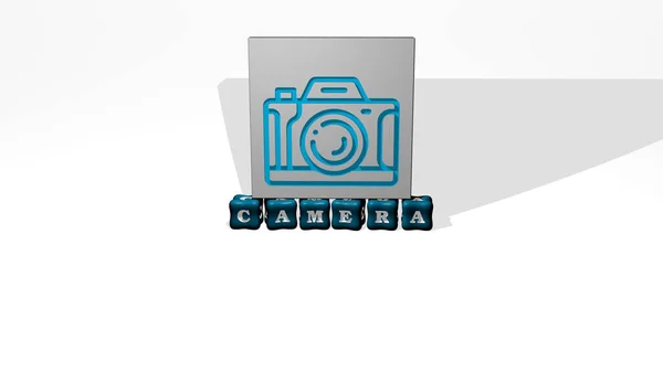 Representation Camera Med Ikonen Väggen Och Text Arrangerad Metalliska Kubikbokstäver — Stockfoto