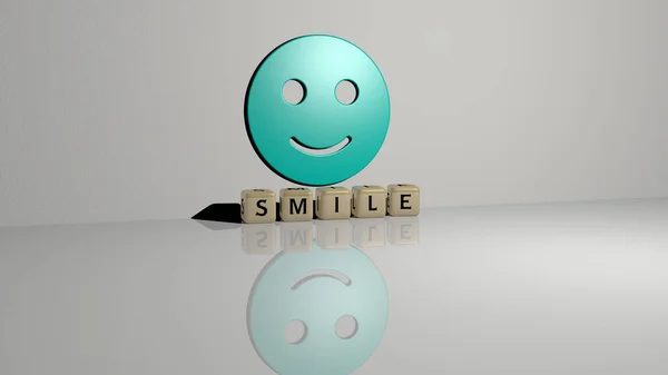 Smile的3D表示 墙壁上有图标 文本用金属立方体字母排列在镜面 用于概念意义和幻灯片演示 快乐与背景 — 图库照片