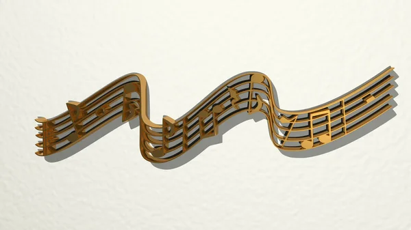 Notas Música Tocando Pared Ilustración Escultura Metálica Sobre Fondo Blanco — Foto de Stock