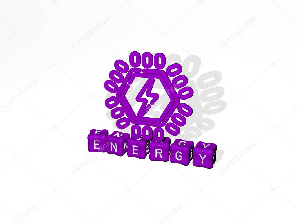 3D representation of energy with icon on the wall and text arranged by metallic cubic letters on a mirror floor for concept meaning and slideshow presentation. background and illustration